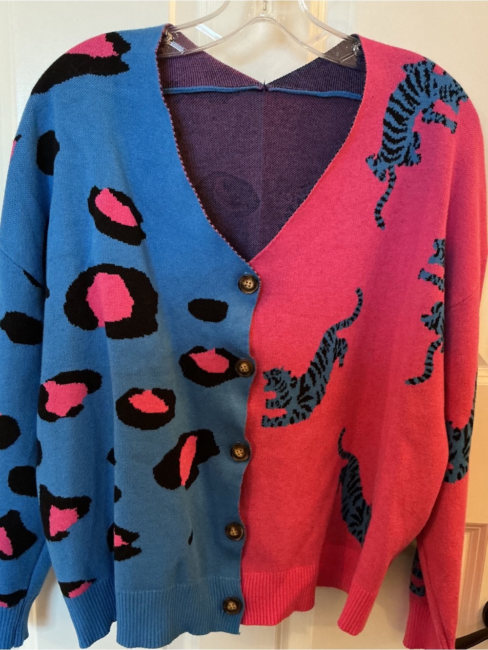 Colorblock Pink & Blue Tiger Print Women's Cardigan Sweater
